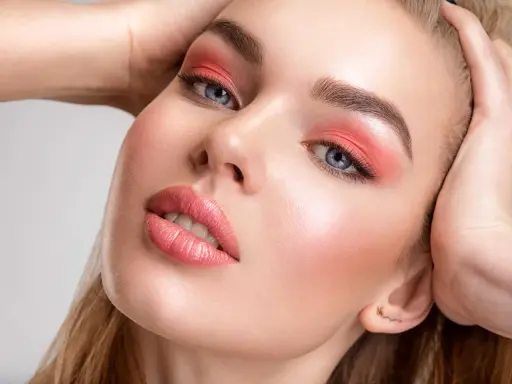 Viso di donna con trucco pesca: ombretto vivace, labbra lucide e un tocco di fard dove si mette il fard per un effetto radioso.