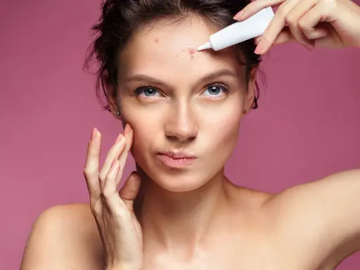 Donna applica tea tree oil su brufolo schiacciato sulla fronte.