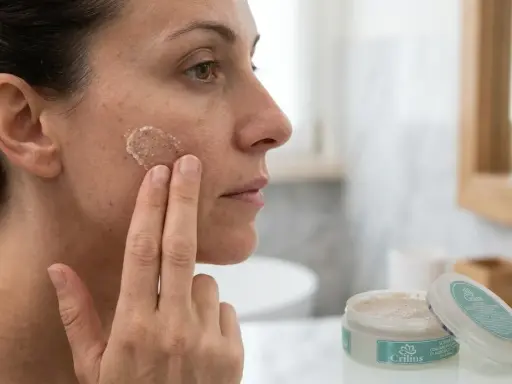 Donna applica esfoliante viso con grani fini. Scopri cos'è e come usarlo per una pelle luminosa.