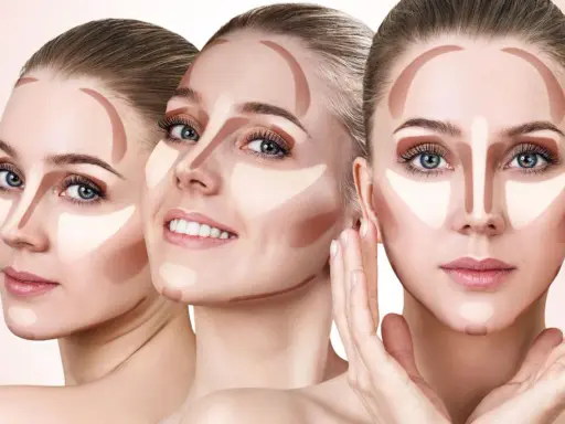 Tre volti femminili mostrano le tecniche di schema contouring viso, con linee di ombretto e illuminante per scolpire i tratti.
