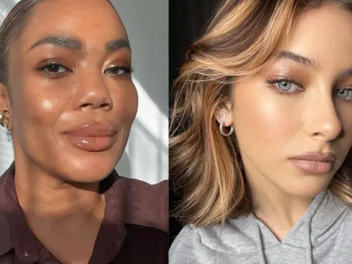 Due donne con un trucco effetto "latte make up" luminoso e naturale.