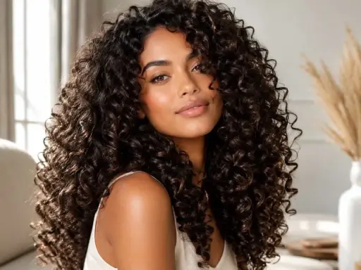 Una donna con splendidi capelli ricci scuri, un look naturale che fa chiedere perchè i capelli sono ricci.
