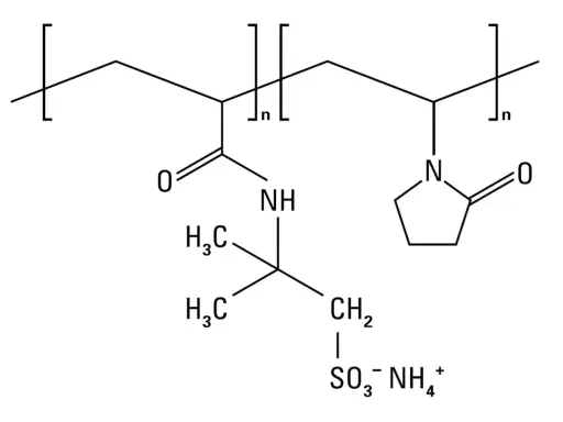 Struttura chimica del copolimero ammonium acryloyldimethyltaurate/vp, con catena polimerica e gruppi funzionali distinti.