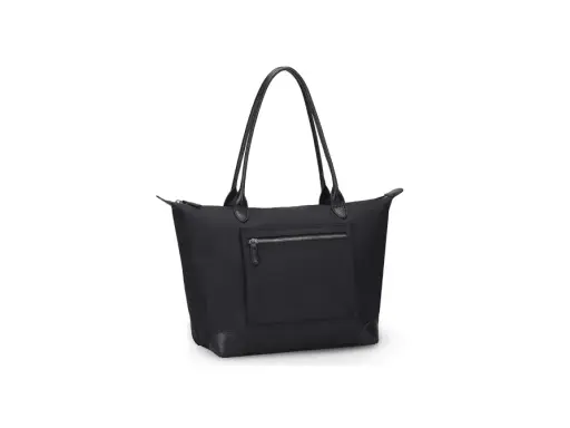 Elegante borsa nylon nera con manici in pelle e tasca esterna con zip. Perfetta per ogni occasione.