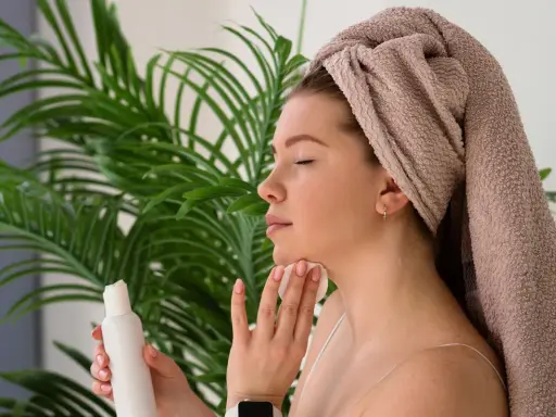 Donna con asciugamano in testa applica tonico sul viso con un dischetto di cotone, parte della sua **night skincare routine**.
