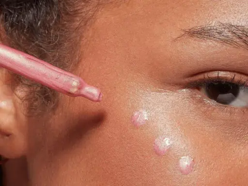 Gocce di illuminante rosa applicate sul viso con un contagocce, per un look radioso.