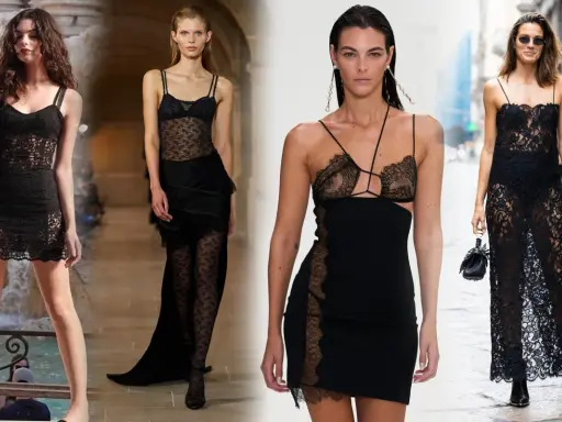 Modelle sfoggiano un sensuale abito nero pizzo, corto e lungo, con dettagli audaci e trasparenze eleganti.