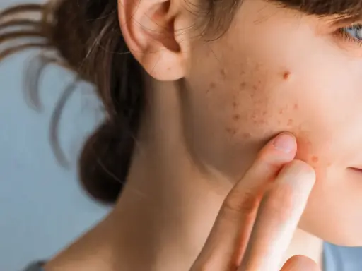 Primo piano del viso di una giovane donna con pelle invecchiata dal sole, macchie e brufoli.