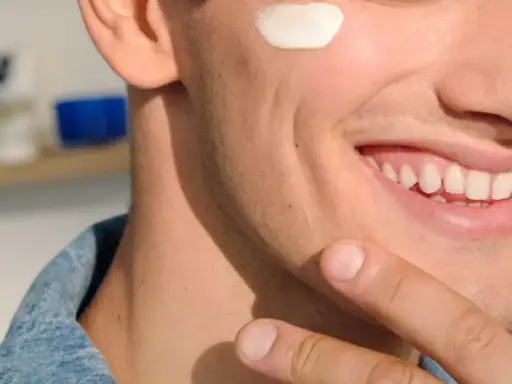 Uomo sorridente applica crema sul viso, forse per lenire l'irritazione da lametta quanto dura.
