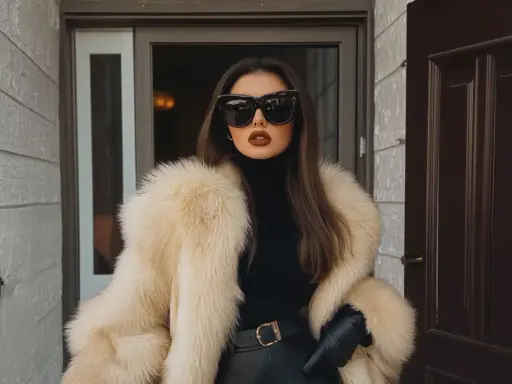 Donna con pelliccia chiara, occhiali da sole oversize e rossetto scuro, un look da vera mob wife.