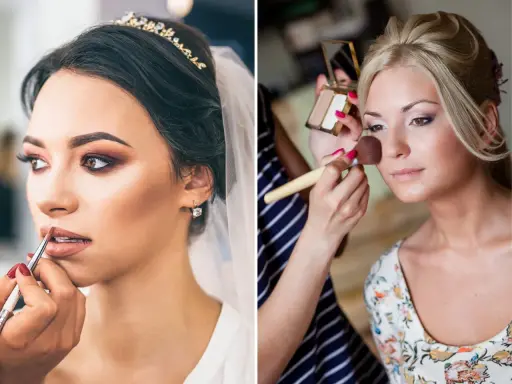 Trucco sposa delicato: una sposa con tiara e velo riceve il tocco finale al trucco labbra, mentre un'altra viene preparata con un pennello sul viso.