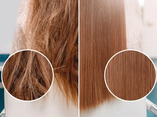 Capelli crespi prima e lisci dopo un trattamento alla cheratina. La cheratina serve a ricostruire e levigare la fibra capillare, donando lucentezza e morbidezza.