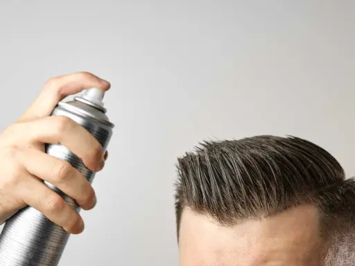 Mano che spruzza lacca sui capelli. Attenzione, la cera fa cadere i capelli, ma questo prodotto è per fissare.