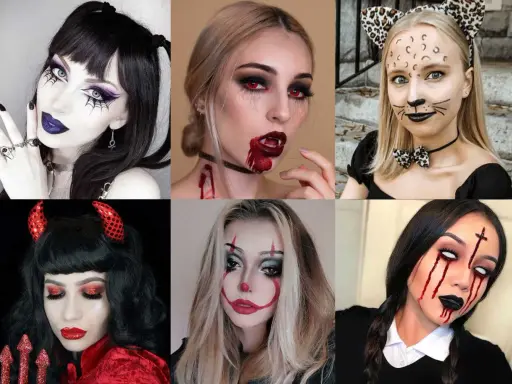 Sei donne con trucchi spaventosi: vampiro, gatto, diavolo, clown e altri look terrificanti per Halloween.