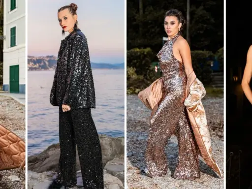 Modella indossa un abito a rete con strass scintillanti, un completo elegante e audace.