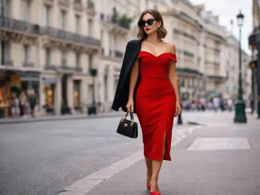 Donna elegante con un **abito rosso raso** scollato, cammina per strada con un blazer nero sulla spalla e una borsa.