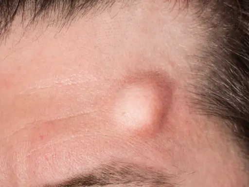 Una protuberanza pelle sulla fronte, circondata da capelli scuri e rughe sottili.