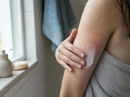 Mani che applicano crema su un braccio arrossato, con tracce di pelle morta dopo la doccia.