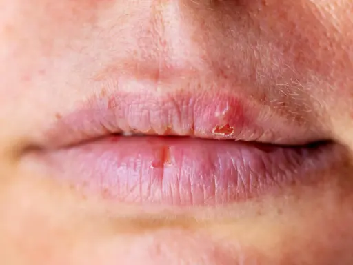 Labbra secche e screpolate, con piccole lesioni e labbra che si ritirano in alcuni punti, mostrando la pelle sottostante.