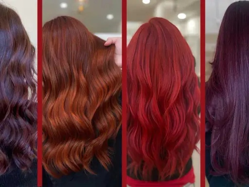 Modelle con capelli rossi in diverse tonalità: dal mogano al rame, fino al rosso fuoco e al prugna.