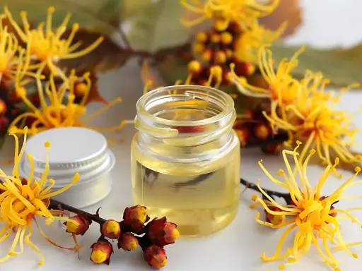 Un vasetto di olio dorato circondato da fiori gialli e boccioli rossi. L'amamelide cos'è? Un rimedio naturale.