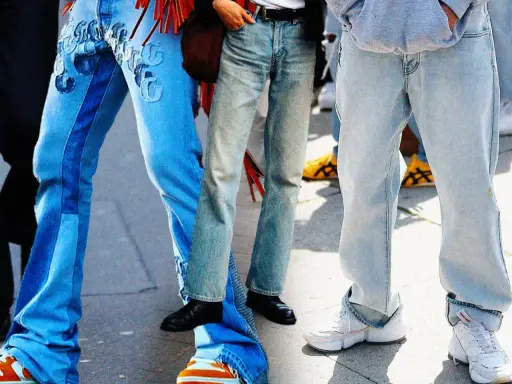 Gambe in primo piano con diversi modelli di moschino jeans: uno blu con inserti e ricami, uno più chiaro e sbiadito, e uno grigio chiaro oversize.