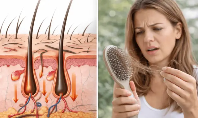 Illustrazione anatomica del follicolo pilifero e donna preoccupata per i capelli persi sul pettine, un segno del periodo caduta capelli.