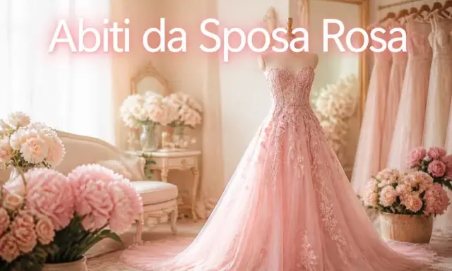 Un magnifico abito da sposa in tulle rosa, con pizzo floreale e una lunga gonna a balze, esposto in un ambiente romantico con fiori rosa.