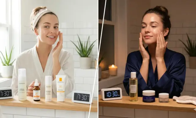 Due immagini affiancate mostrano i passaggi della skincare routine: mattina con SPF e sera con prodotti notturni.