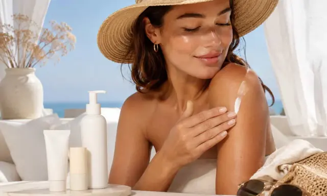 Donna con cappello di paglia applica crema solare sul braccio, mostrando che si può mettere il fondotinta sopra la crema solare per un look radioso.