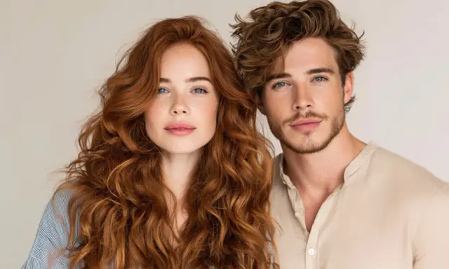 Coppia con capelli perfetti: lei con chioma rossa e riccia, lui con capelli castani mossi.