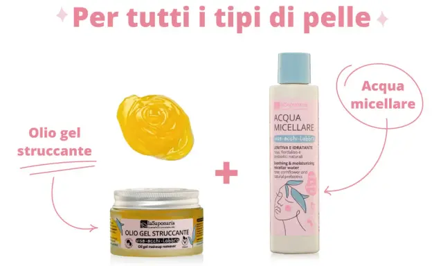 Scopri come si fa la doppia detersione con olio gel struccante e acqua micellare, per tutti i tipi di pelle.