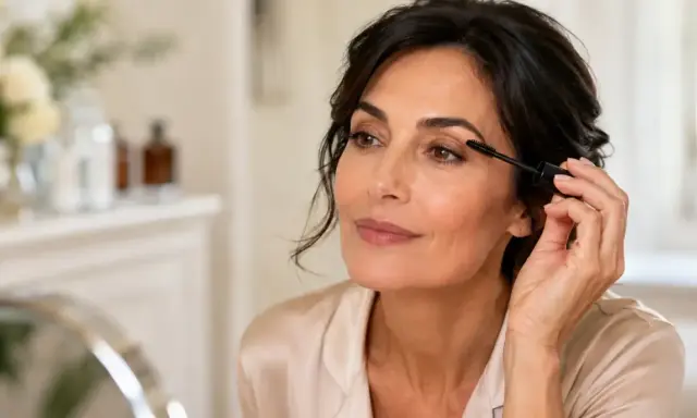 Donna applica il mascara, un passaggio fondamentale nei passaggi trucco base viso per uno sguardo intenso.