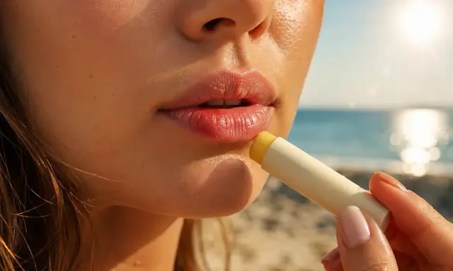 Labbra morbide e protette dal sole. Un balsamo applicato mentre le labbra si abbronzano sulla spiaggia, con il mare sullo sfondo.