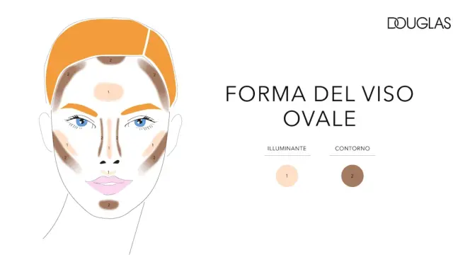 Schema per il trucco contouring del viso ovale, con indicazioni per illuminante e contorno.