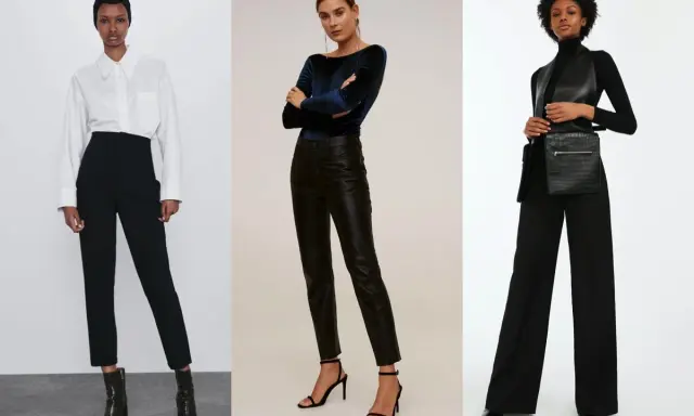 Tre donne indossano outfit eleganti con pantaloni neri. A sinistra, un pantalone largo elegante a vita alta con camicia bianca. Al centro, un pantalone elegante in pelle nera. A destra, un pantalone largo elegante a palazzo.