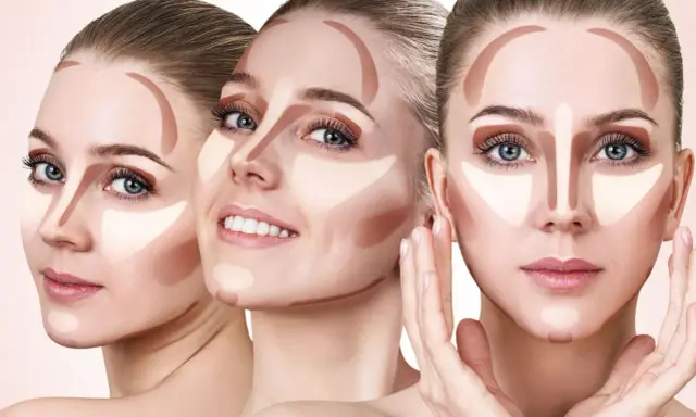 Tre volti femminili mostrano le tecniche di schema contouring viso, con linee di ombretto e illuminante per scolpire i tratti.