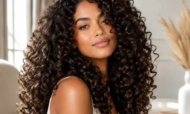Una donna con splendidi capelli ricci scuri, un look naturale che fa chiedere perchè i capelli sono ricci.