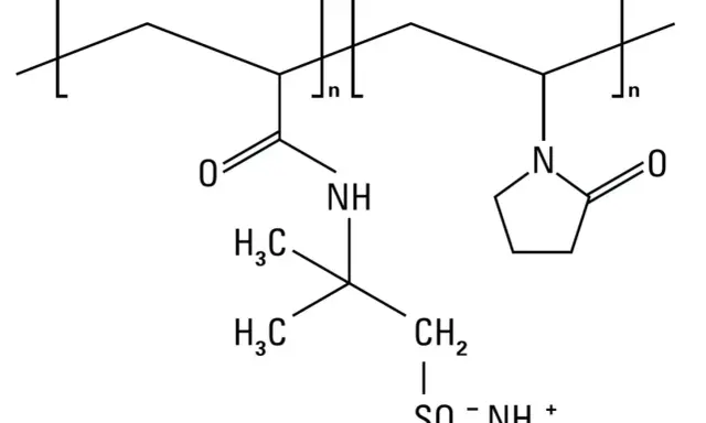 Struttura chimica del copolimero ammonium acryloyldimethyltaurate/vp, con catena polimerica e gruppi funzionali distinti.