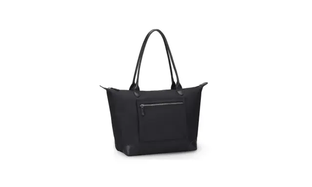 Elegante borsa nylon nera con manici in pelle e tasca esterna con zip. Perfetta per ogni occasione.