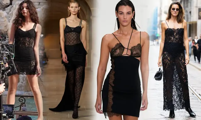 Modelle sfoggiano un sensuale abito nero pizzo, corto e lungo, con dettagli audaci e trasparenze eleganti.
