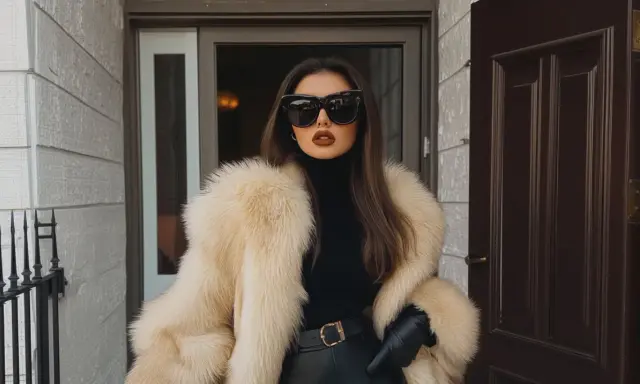 Donna con pelliccia chiara, occhiali da sole oversize e rossetto scuro, un look da vera mob wife.
