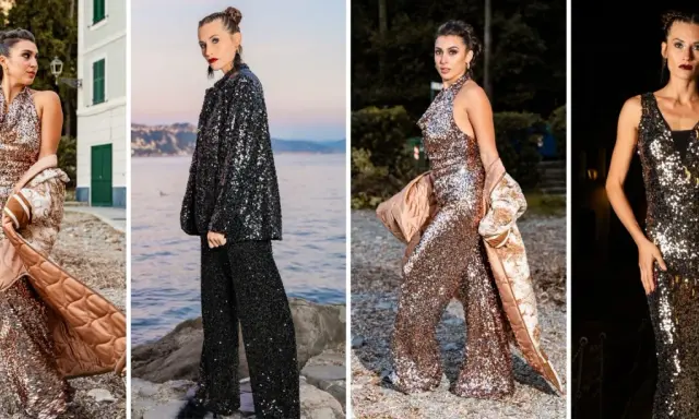 Modella indossa un abito a rete con strass scintillanti, un completo elegante e audace.