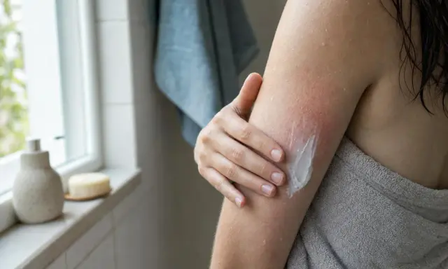Mani che applicano crema su un braccio arrossato, con tracce di pelle morta dopo la doccia.