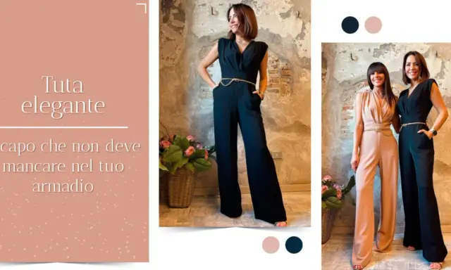 Tuta elegante donna nera, un capo essenziale per un look sofisticato. Due modelli, uno nero e uno beige, con cintura dorata.