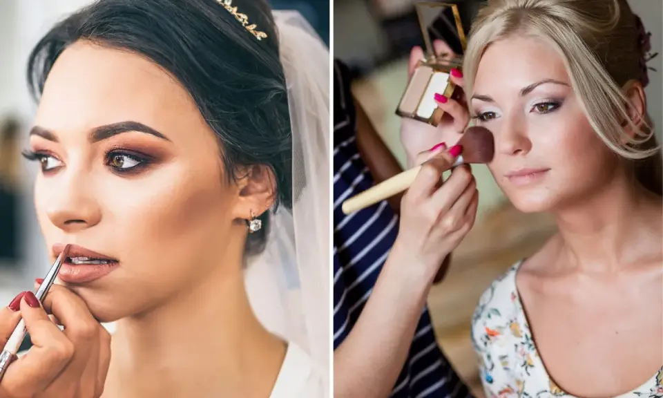 Trucco sposa delicato: una sposa con tiara e velo riceve il tocco finale al trucco labbra, mentre un'altra viene preparata con un pennello sul viso.