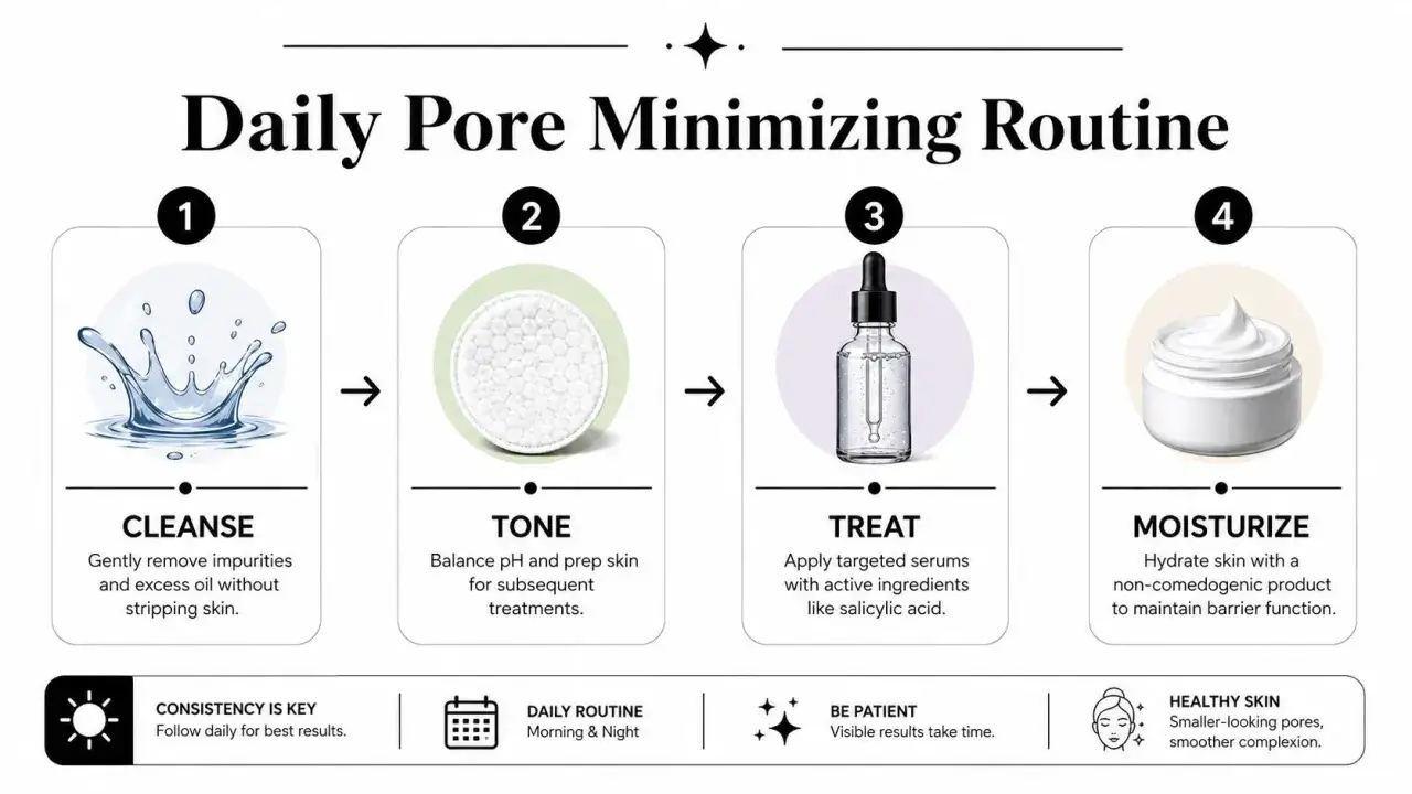 Routine quotidiana per minimizzare i pori: pulizia, tonico, trattamento con siero e idratazione per chiudere i pori del viso.