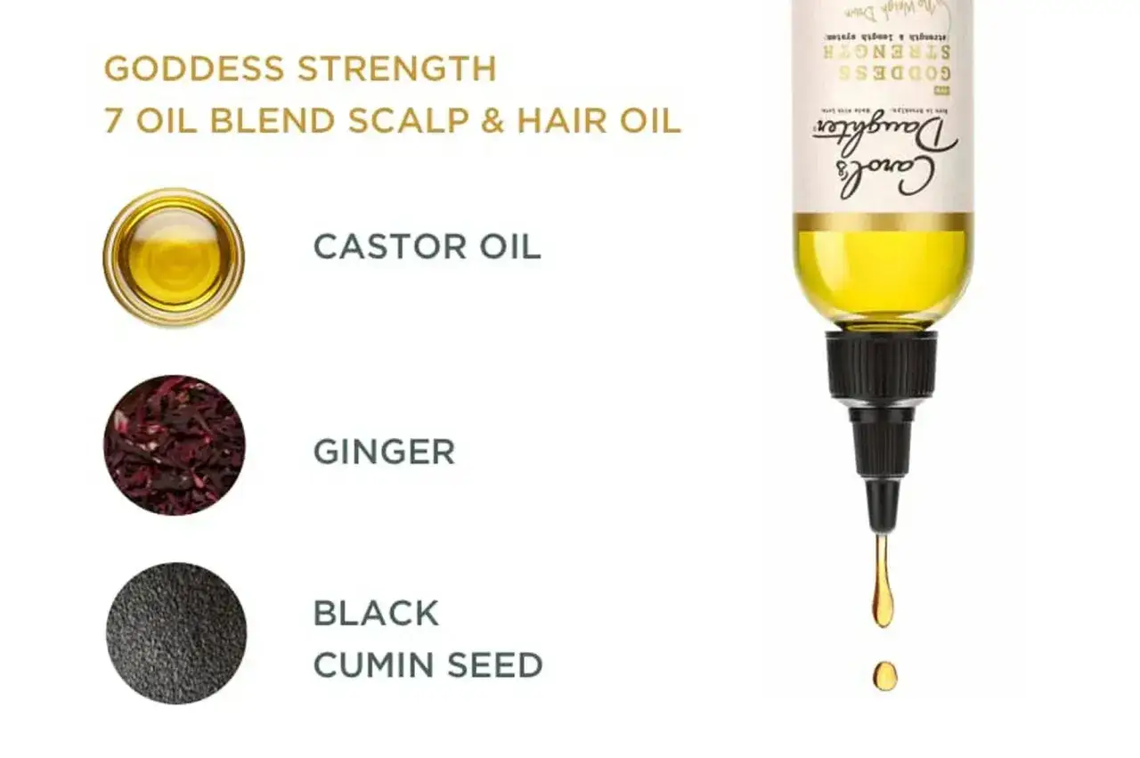 Olio di ricino per capelli forti. Il flacone di Carol's Daughter Goddess Strength contiene olio di ricino, zenzero e semi di cumino nero.