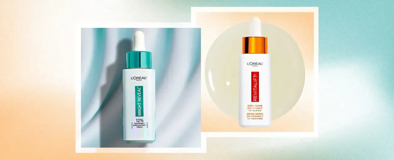 Sieri L'Oréal: uno con niacinamide e acido ferulico, l'altro con vitamina C. Si possono usare insieme per una pelle luminosa.