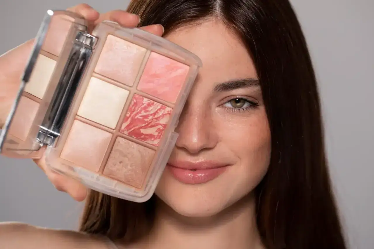 Una donna sorride mostrando una palette di make-up con sei cialde di diverse tonalit&agrave; rosate e luminose.